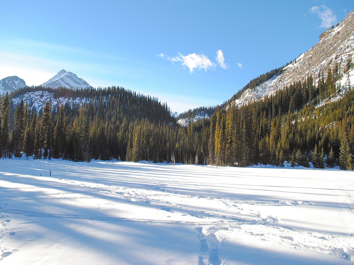 Path of Hogarth Lakes snowshoe trail in Kananaskis near Canmore