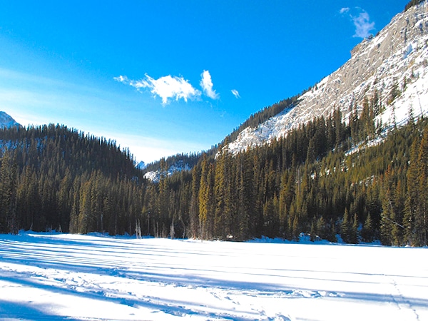 Scenery of Hogarth Lakes snowshoe trail in Kananaskis near Canmore
