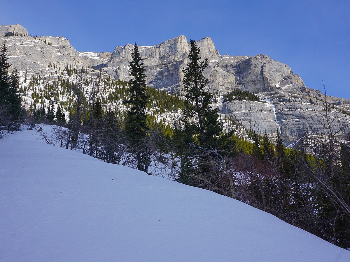 Path of Galatea Creek and Lillian Lake snowshoe trail in Kananaskis near Canmore