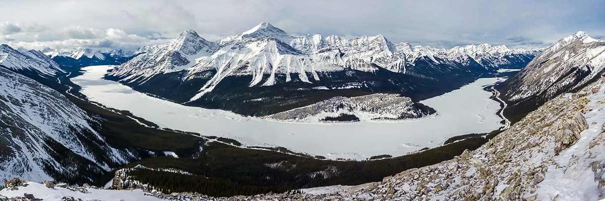 Stunning panorama of Spray Lakes from Little Lawson on Little Lougheed snowshoe trail in Kananaskis near Canmore