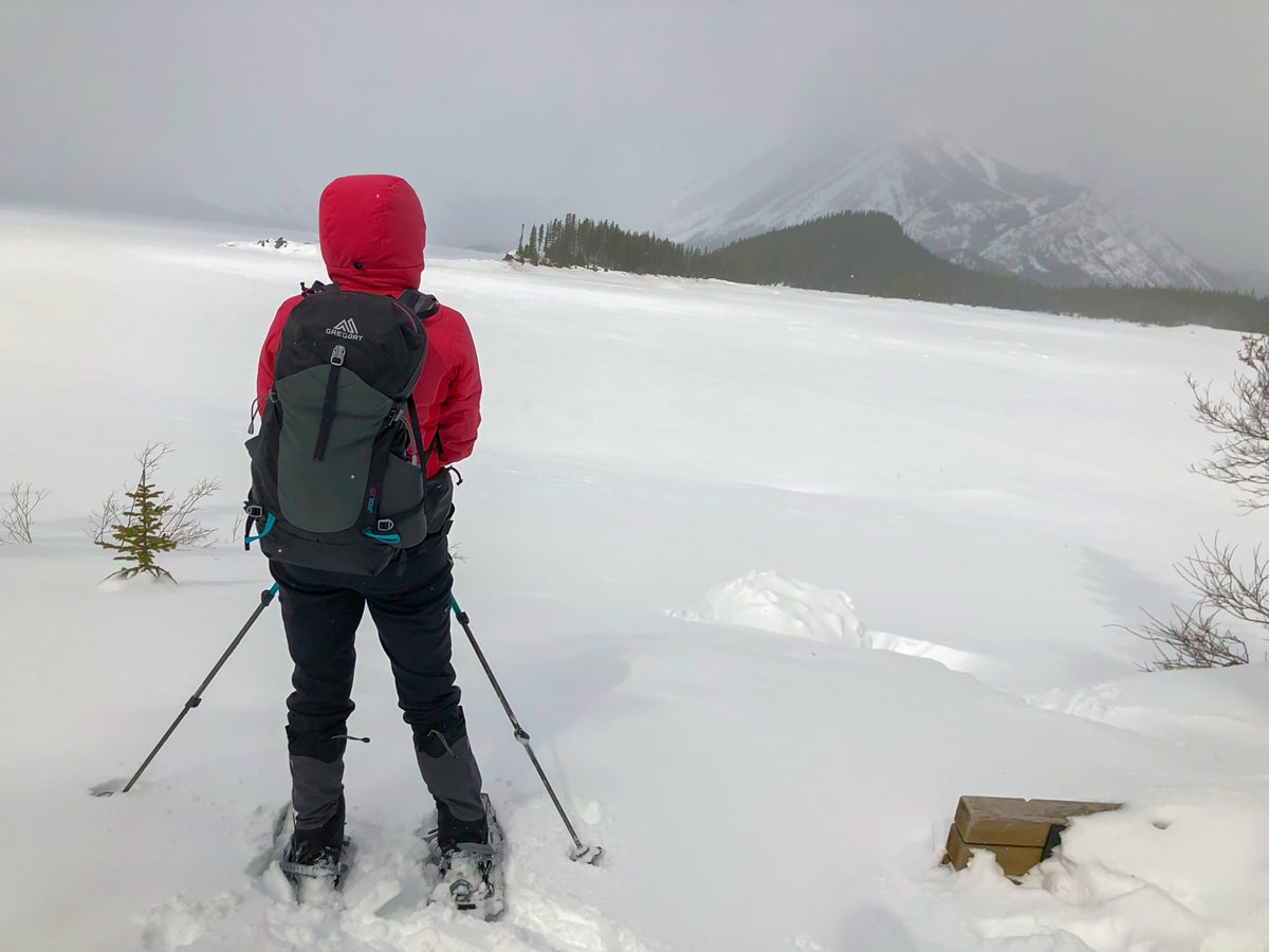 View across Upper Kananaskis Lake from Beginning of Rawson Lake snowshoe trail in Kananaskis near Canmore