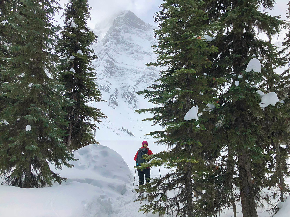 Views of the lake on Rawson Lake snowshoe trail in Kananaskis near Canmore