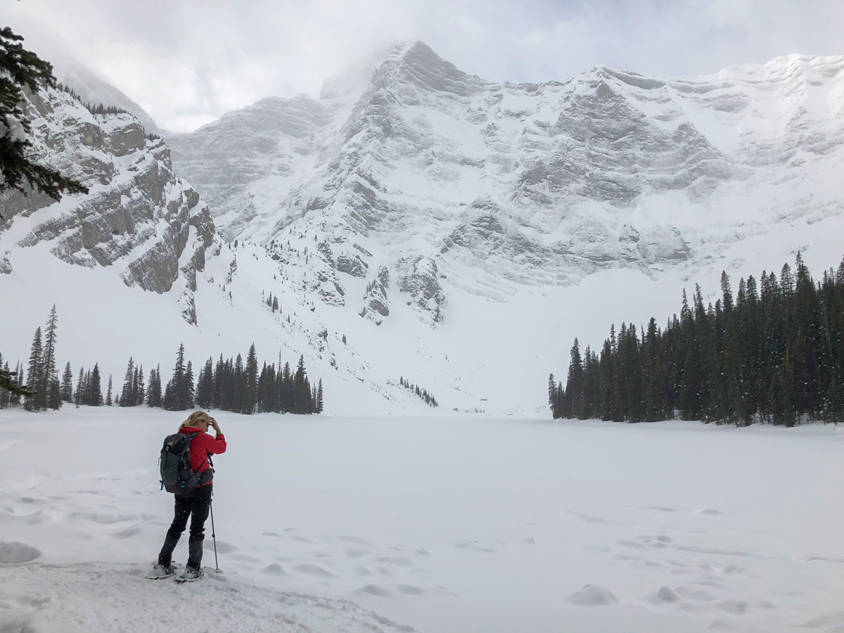 Enjoying the stunning Rawson Lake on snowshoeing trip to the Canadian Rockies