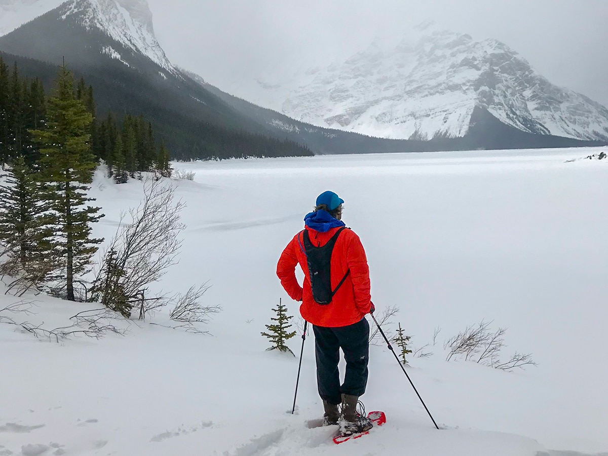 Scenic views of Upper Kananaskis Lake on Rawson Lake snowshoe trail in Kananaskis near Canmore