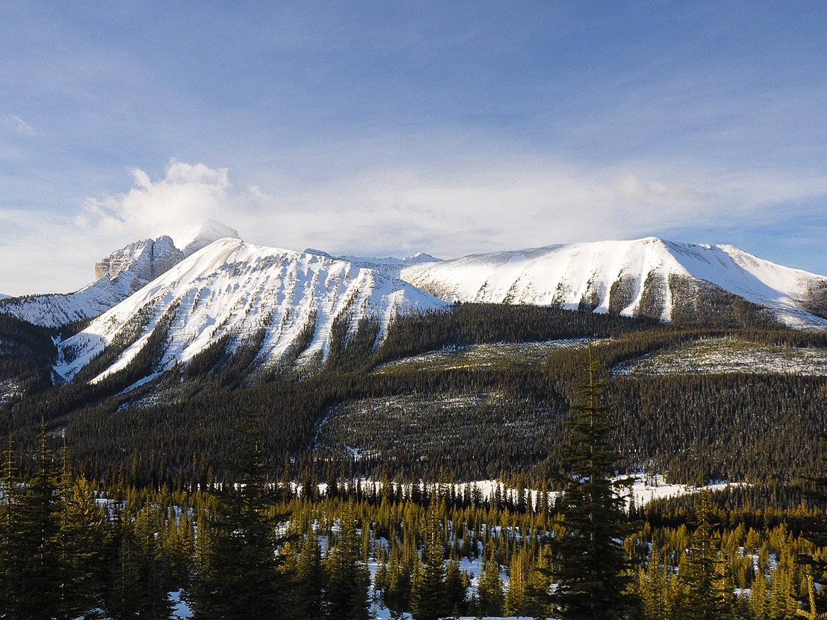 View across the valley on Rummel Lake snowshoe trail in Kananaskis near Canmore