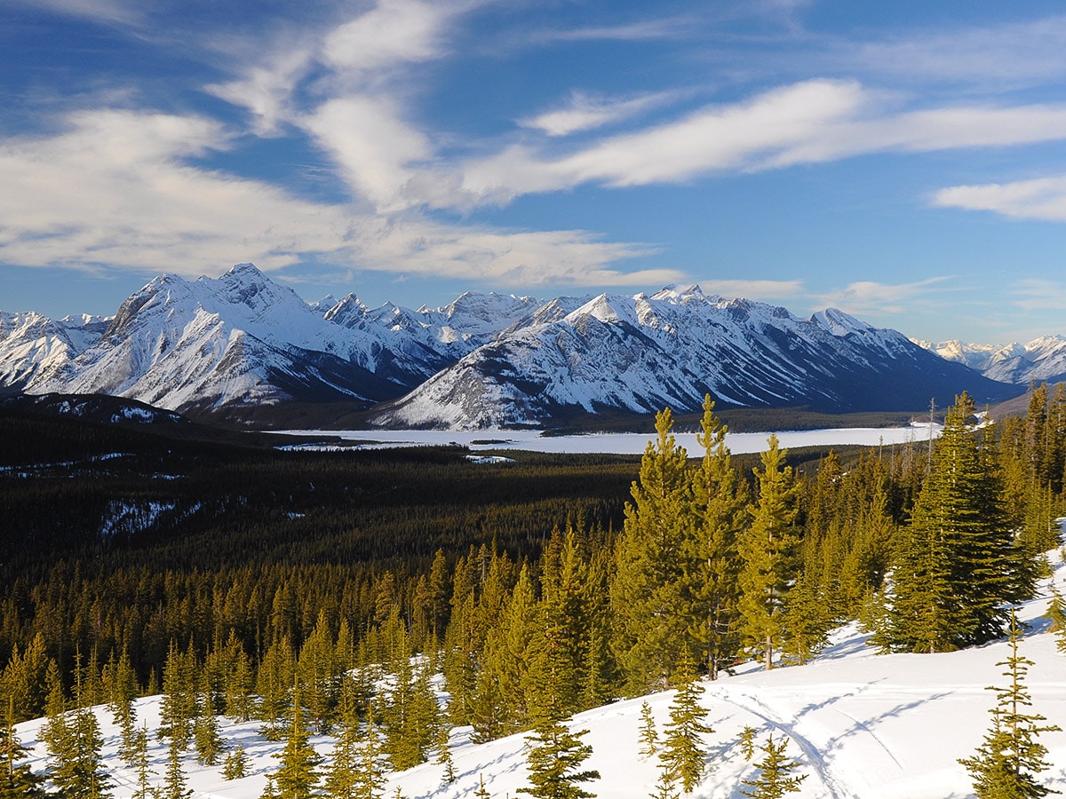 View northwest on Rummel Lake snowshoe trail in Kananaskis near Canmore