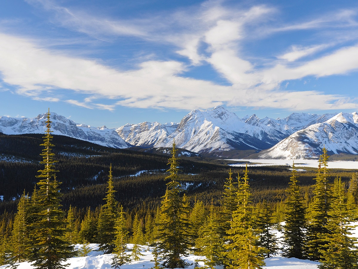 Spray Lake on Rummel Lake snowshoe trail in Kananaskis near Canmore