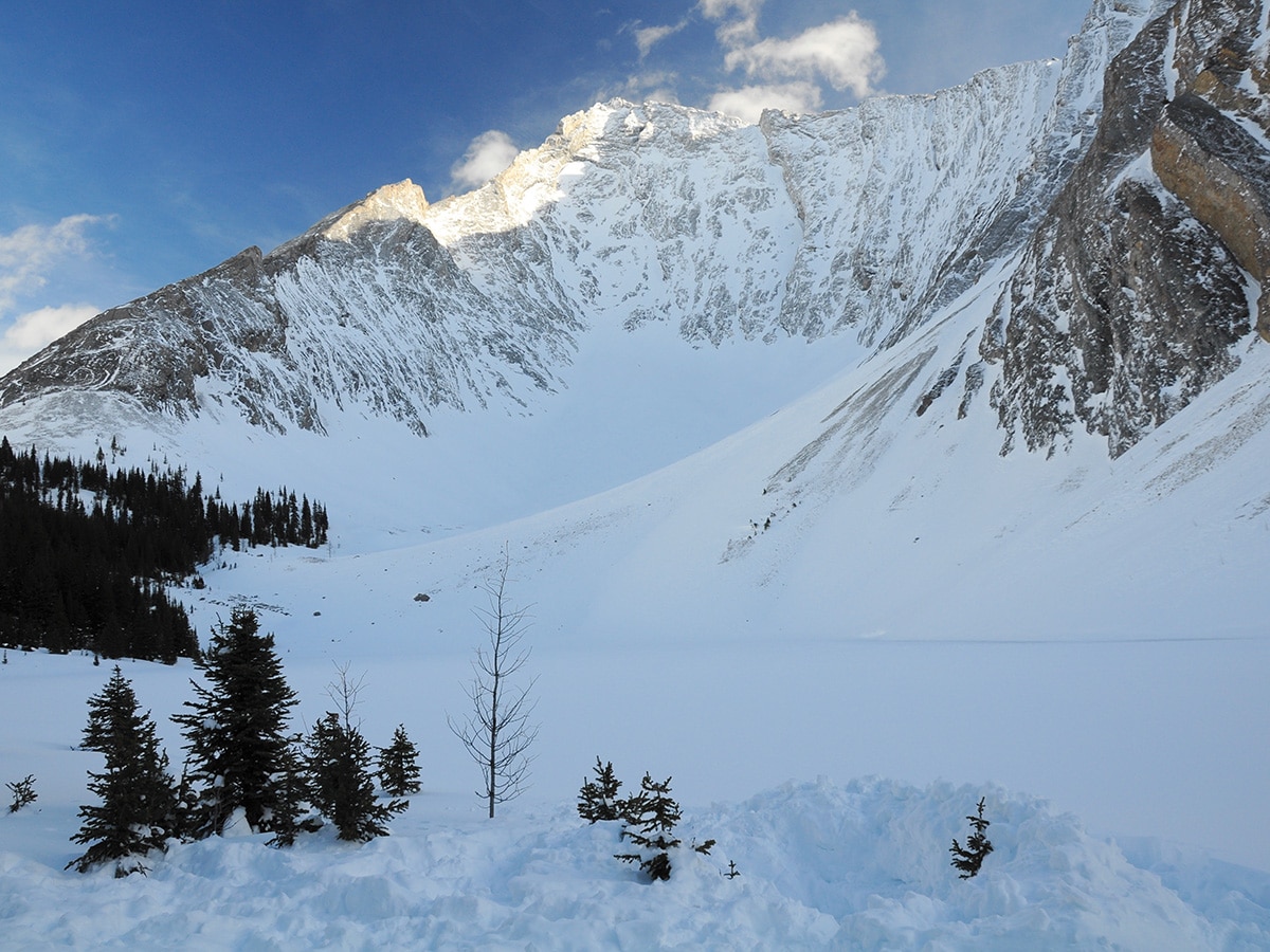 Rummel Lake snowshoe trail in Kananaskis (Alberta) has beautiful views of Mount Galatea