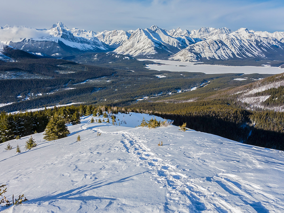 Tracks of Rummel Ridge snowshoe trail in Kananaskis near Canmore