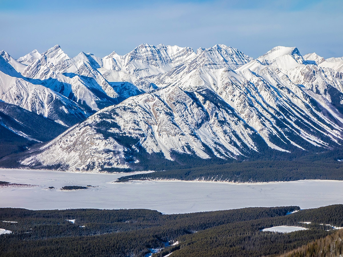 Mount Fortune above Spray River Valley on Rummel Ridge snowshoe trail in Kananaskis near Canmore