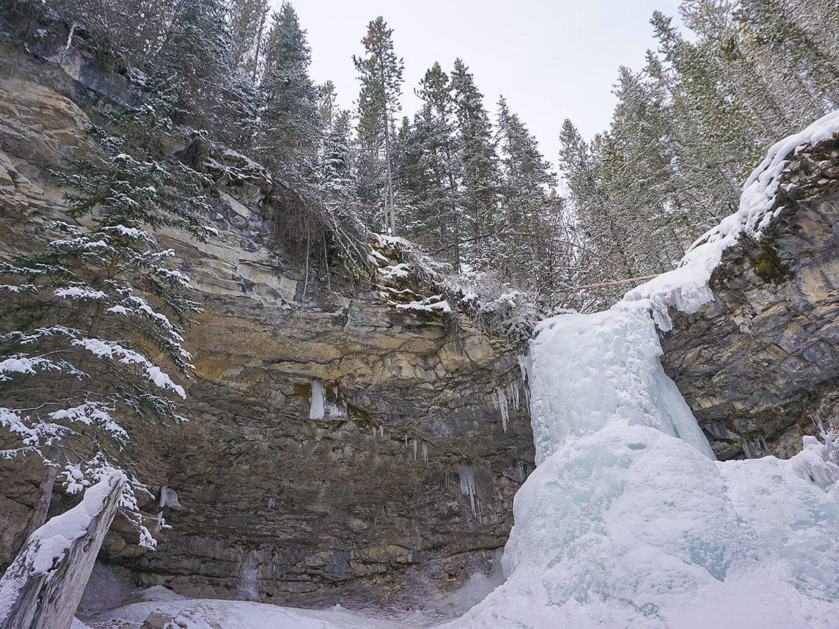 Beautiful fall on Troll Falls and Hay Meadows snowshoe trail in Kananaskis near Canmore