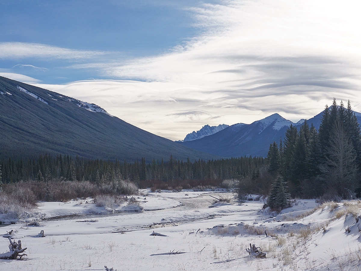 Kananaskis River on Troll Falls and Hay Meadows snowshoe trail in Kananaskis near Canmore