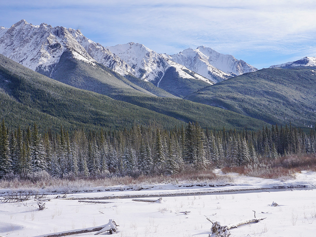 Kananaskis River along Troll Falls and Hay Meadows snowshoe trail in Kananaskis near Canmore