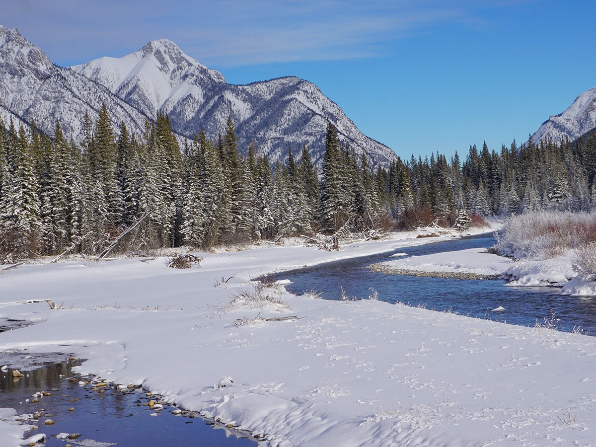 Hay River on Troll Falls and Hay Meadows snowshoe trail in Kananaskis near Canmore