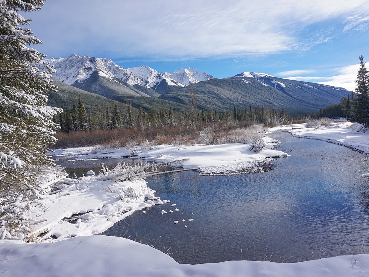 Beautiful meadow on Troll Falls and Hay Meadows snowshoe trail in Kananaskis near Canmore