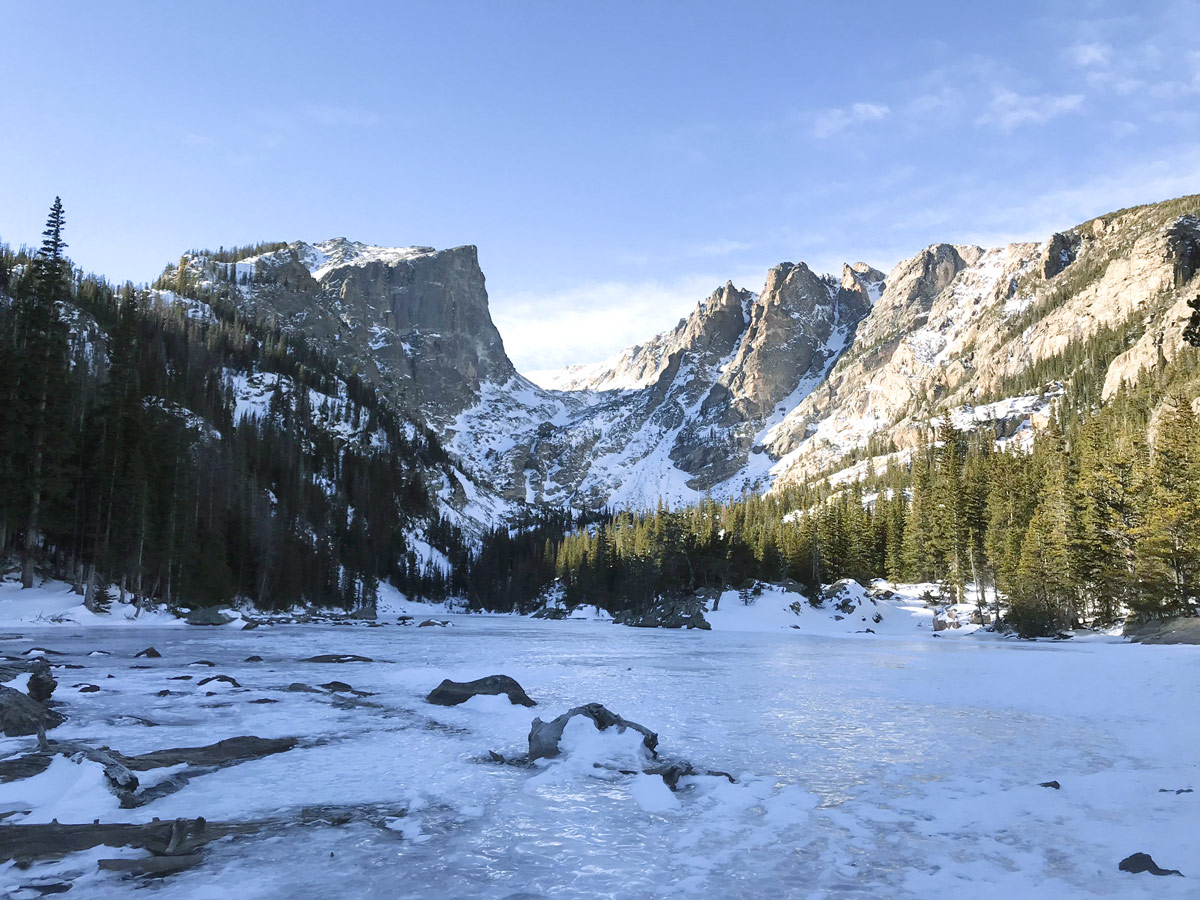 Winter views on Dream Lake snowshoe trail in Rocky Mountain National Park, Colorado