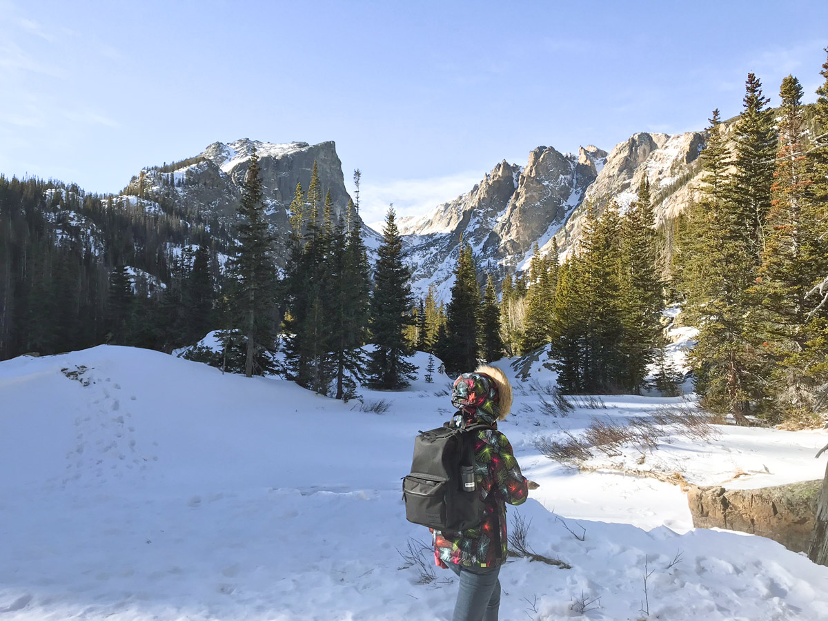 Hike on Dream Lake snowshoe trail in Rocky Mountain National Park, Colorado