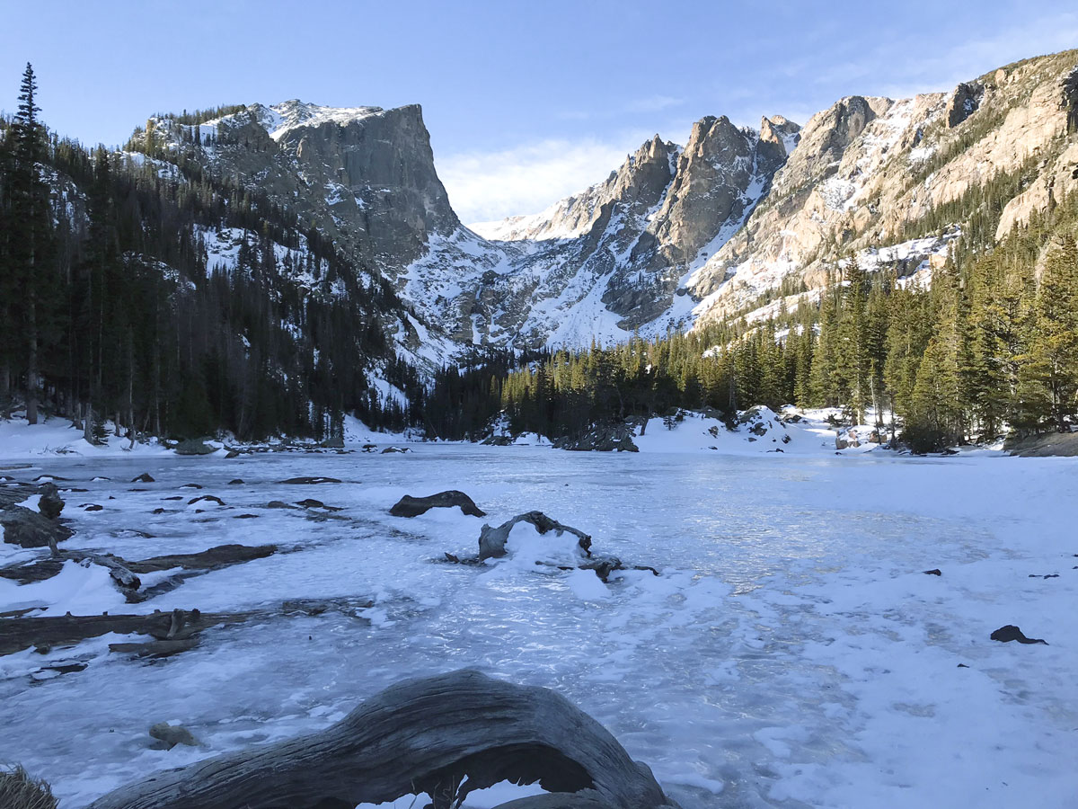 Overview of Dream Lake snowshoe trail in Rocky Mountain National Park, Colorado