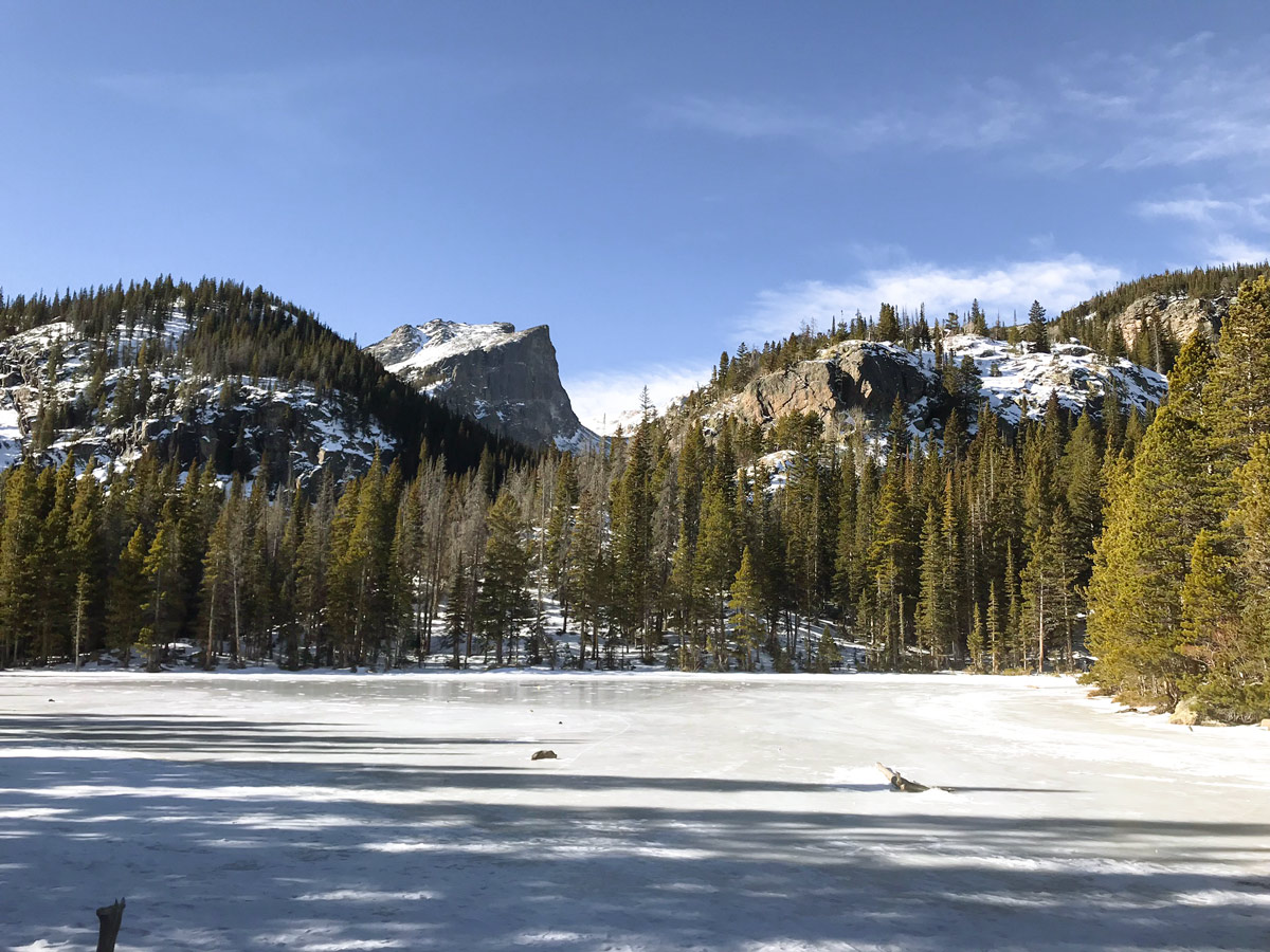 Nymph Lake on Emerald Lake snowshoe trail in Rocky Mountain National Park, Colorado