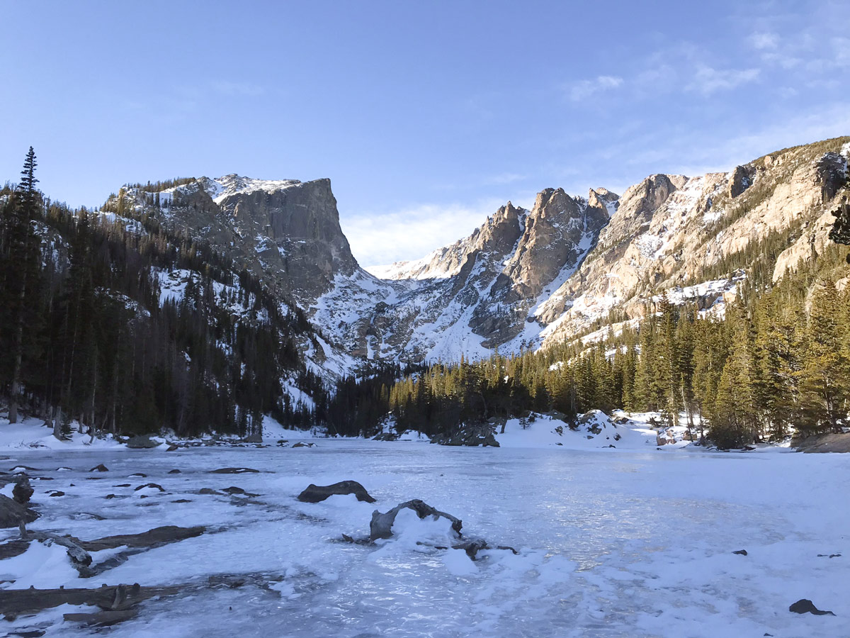 Winter views on Emerald Lake snowshoe trail in Rocky Mountain National Park, Colorado
