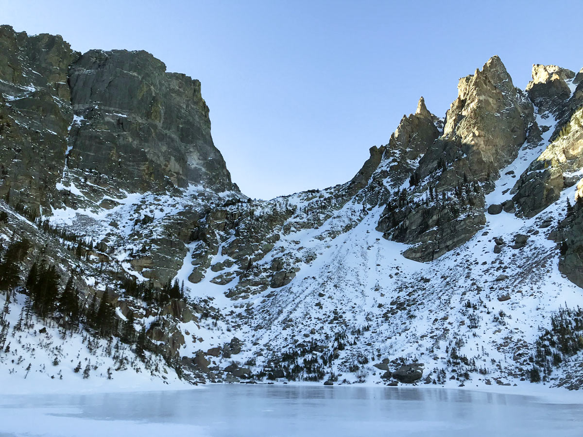 Snowy peaks on Emerald Lake snowshoe trail in Rocky Mountain National Park, Colorado