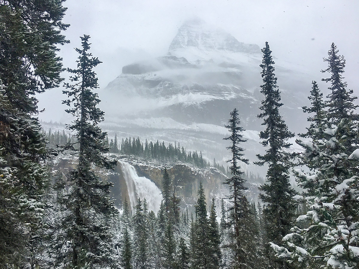 Emperor Falls on the Berg Lake trail is one of the best places on Great Divide Trail in Canadian Rocky Mountains