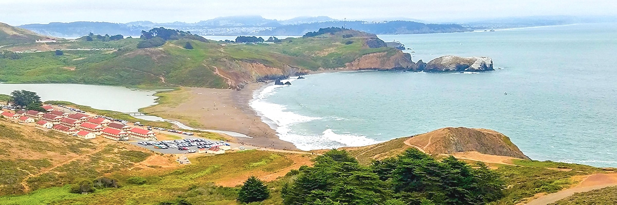 View of beach on Hill 88 Loop hike in North Bay of San Francisco, California