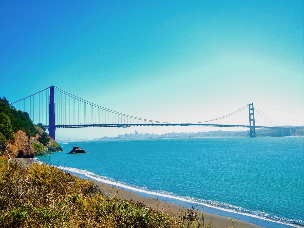 View of Golden Gate Bridge on Kirby Cove hike in North Bay of San Francisco, California