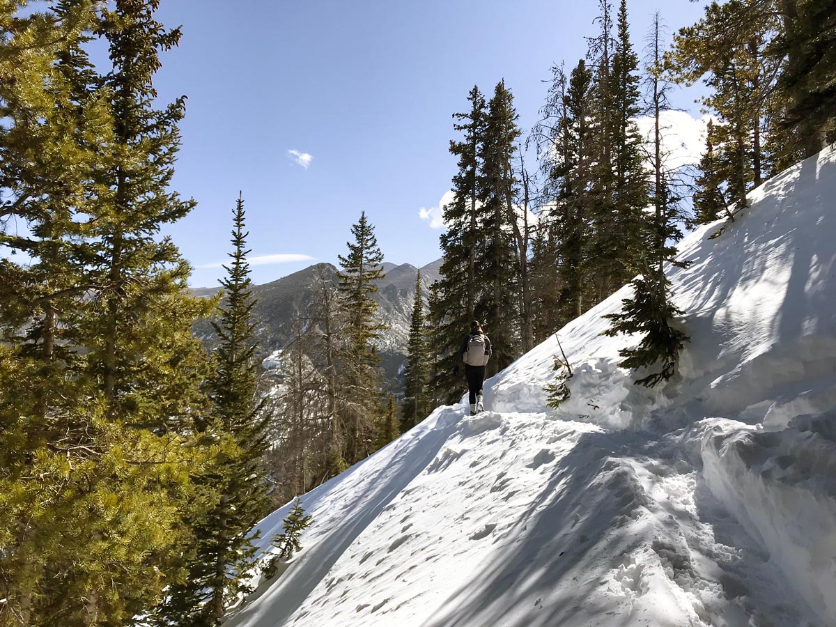 Path along the ridge on Lake Haiyaha snowshoe trail in Rocky Mountain National Park, Colorado
