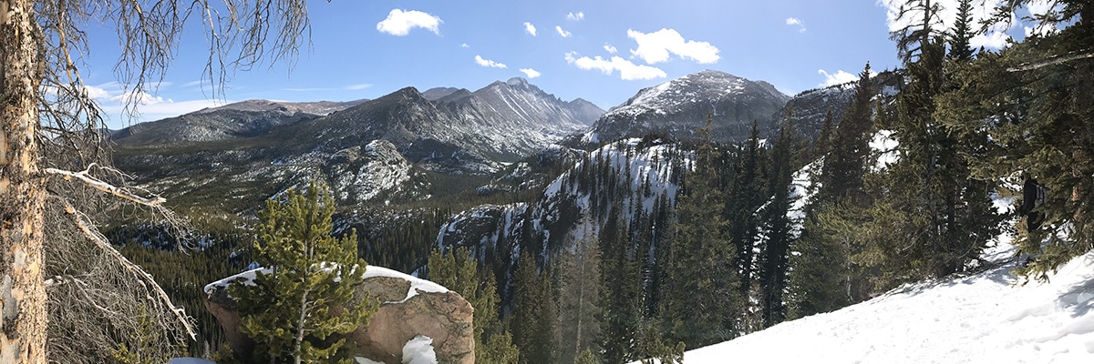 Mountain scenery on Lake Haiyaha snowshoe trail in Rocky Mountain National Park, Colorado