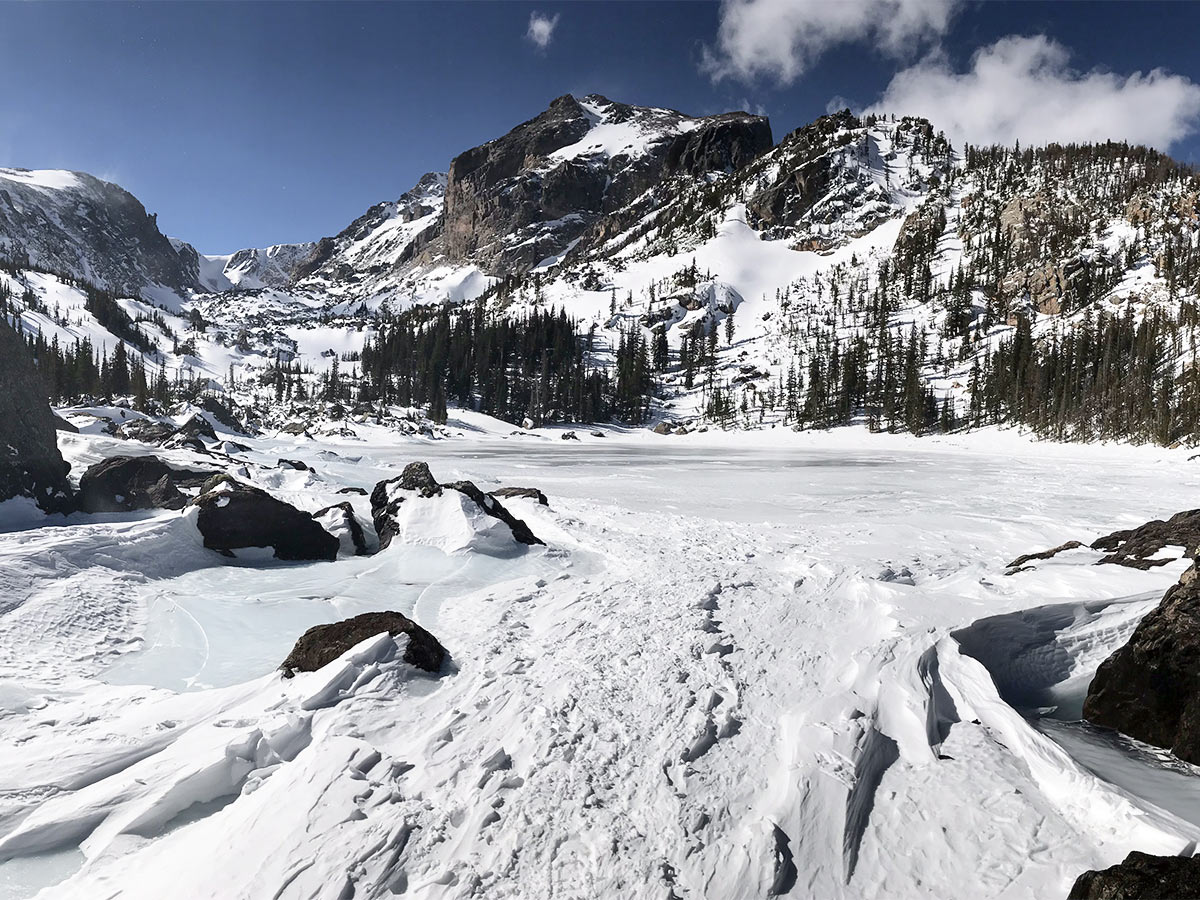 Beautiful winter in Colorado on Lake Haiyaha snowshoe trail
