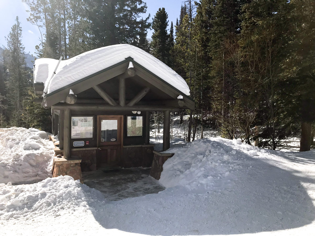 Trailhead of Nymph Lake snowshoe trail in Rocky Mountain National Park, Colorado