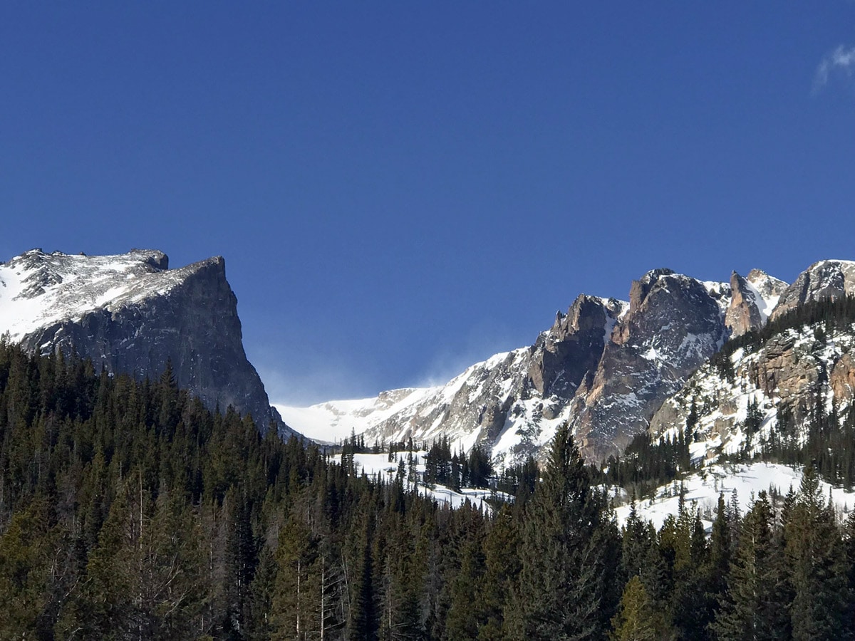 Hallett Peak on Nymph Lake snowshoe trail in Rocky Mountain National Park, Colorado