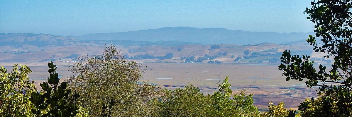 View over bay flats on Olompali State Historical Park Loop hike in North Bay of San Francisco, California
