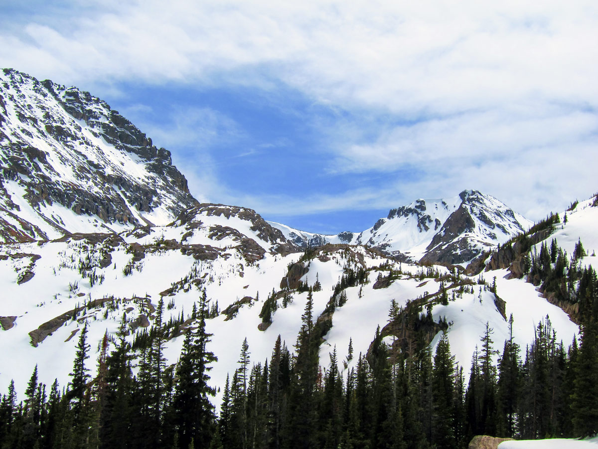 Snowy peaks on Ouzel Lake snowshoe trail in Rocky Mountain National Park, Colorado