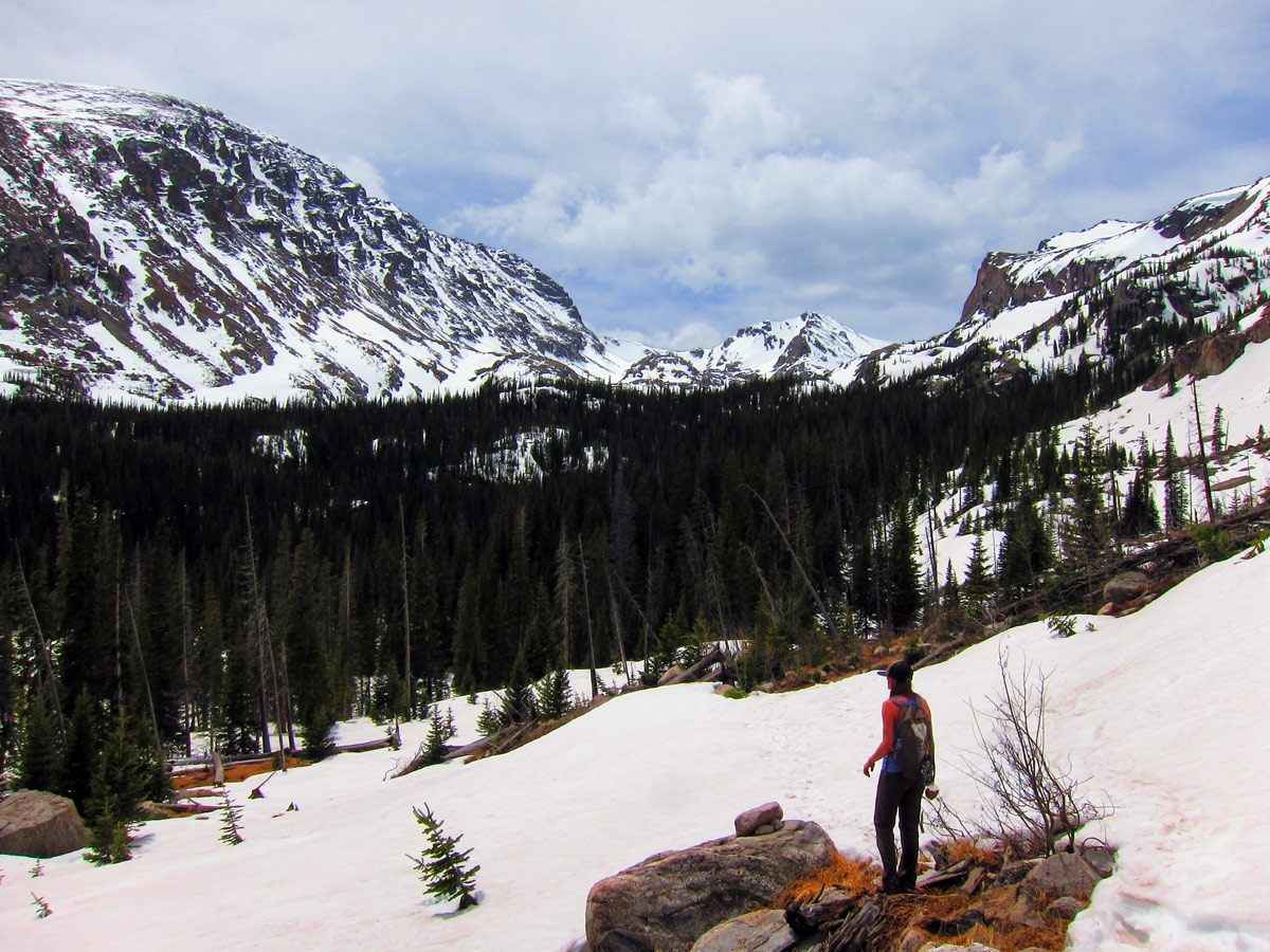 Beautiful peaks on Ouzel Lake snowshoe trail in Rocky Mountain National Park, Colorado