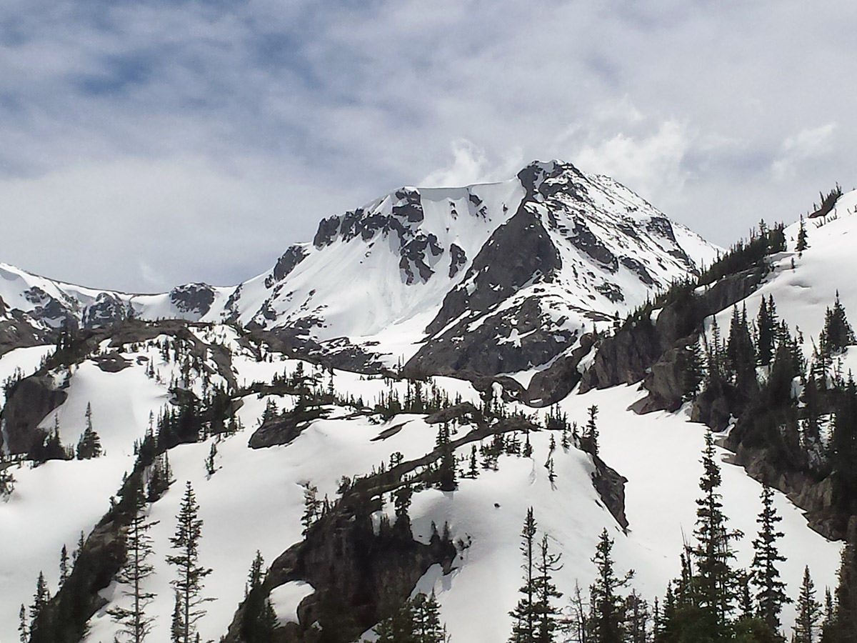 Ouzel Peak on Ouzel Lake snowshoe trail in Rocky Mountain National Park, Colorado