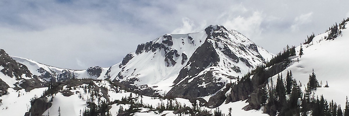 Great view on Ouzel Lake snowshoe trail in Rocky Mountain National Park, Colorado