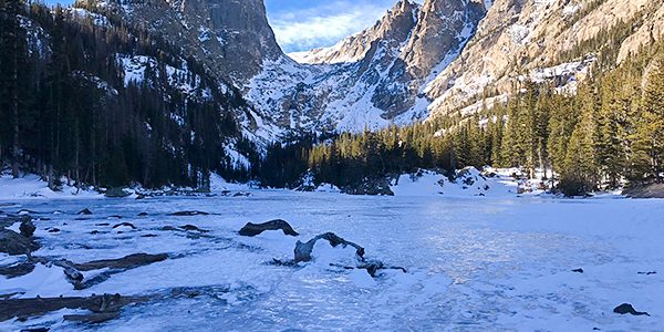 Scenery from Dream Lake snowshoe trail in Rocky Mountain National Park, Colorado
