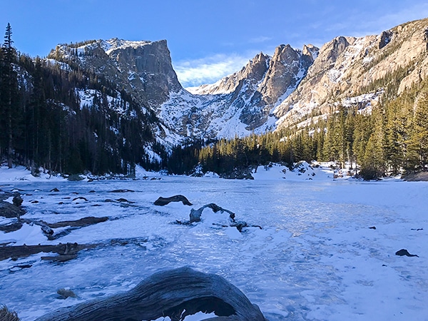 Scenery from Dream Lake snowshoe trail in Rocky Mountain National Park, Colorado
