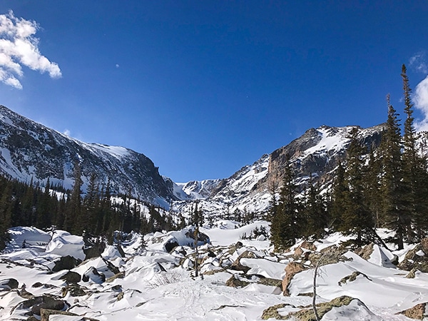 Scenery from Lake Haiyaha snowshoe trail in Rocky Mountain National Park, Colorado