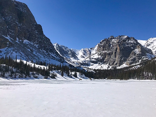 Scenery from The Loch snowshoe trail in Rocky Mountain National Park, Colorado