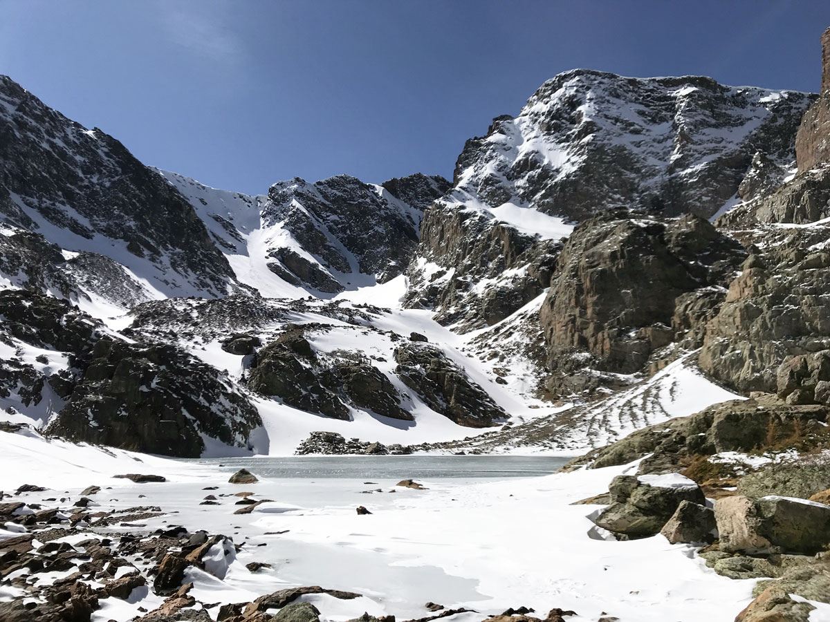 Beautiful lake on Sky Pond snowshoe trail in Rocky Mountain National Park, Colorado