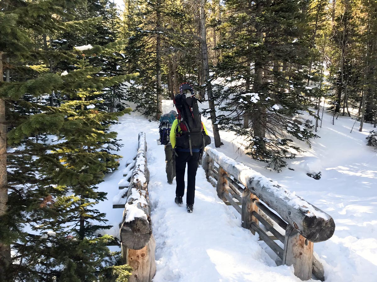 Easy trail of Sky Pond snowshoe trail in Rocky Mountain National Park, Colorado