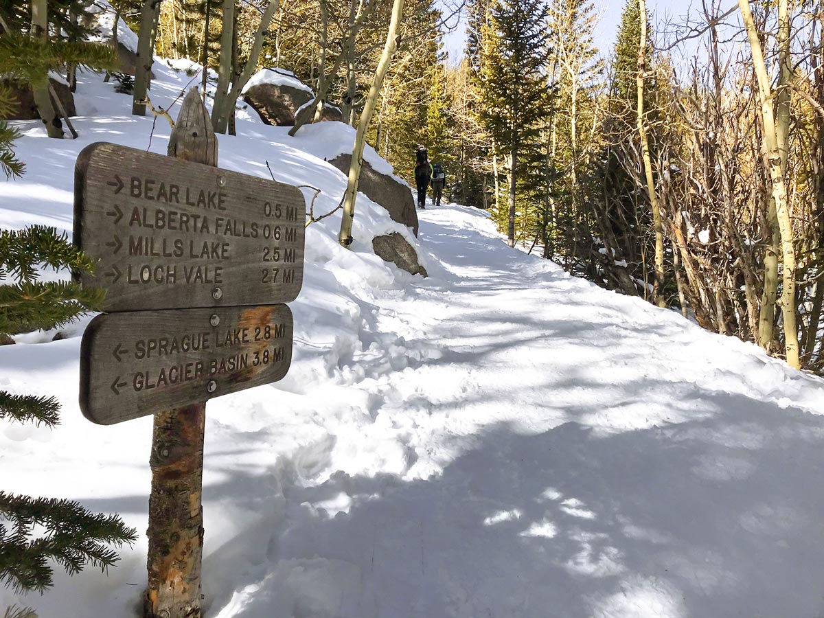 Sign on Sky Pond snowshoe trail in Rocky Mountain National Park, Colorado