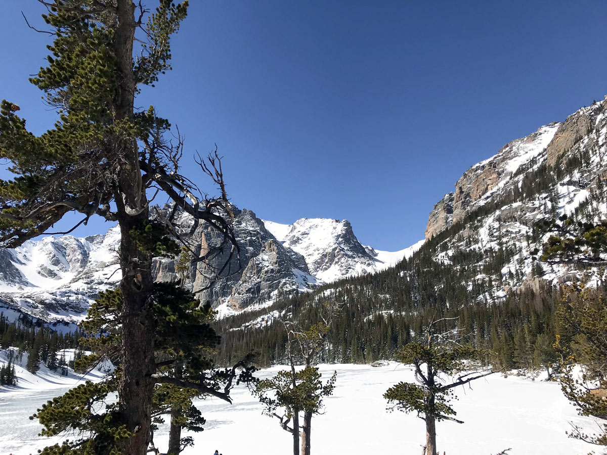 Big lake along Sky Pond snowshoe trail in Rocky Mountain National Park, Colorado