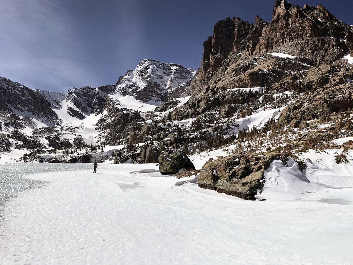 Glass Lake on Sky Pond snowshoe trail in Rocky Mountain National Park, Colorado