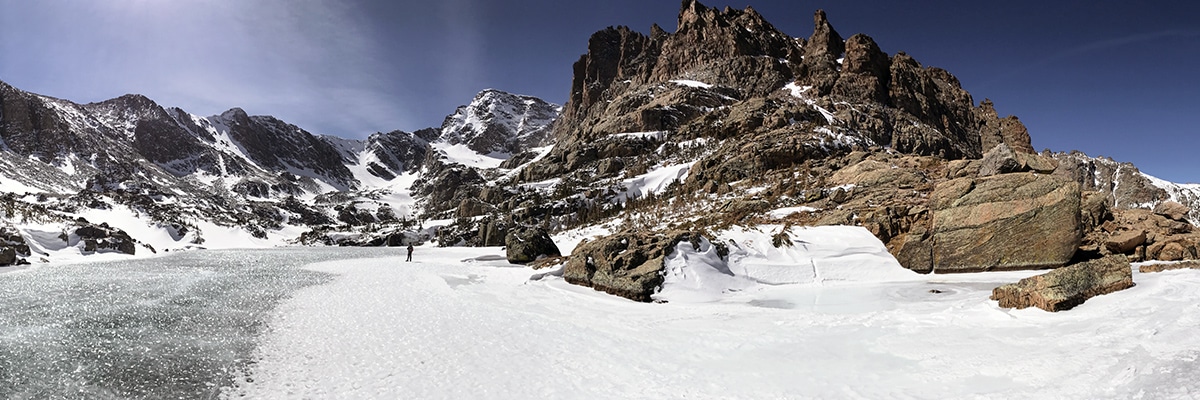 Lake of Glass on Sky Pond snowshoe trail in Rocky Mountain National Park, Colorado