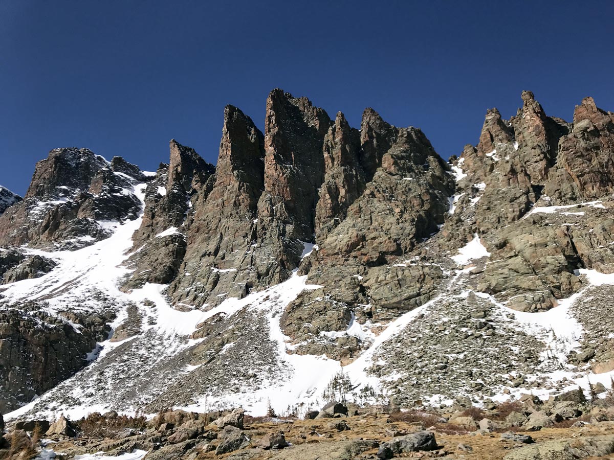 Shark Tooth on Sky Pond snowshoe trail in Rocky Mountain National Park, Colorado