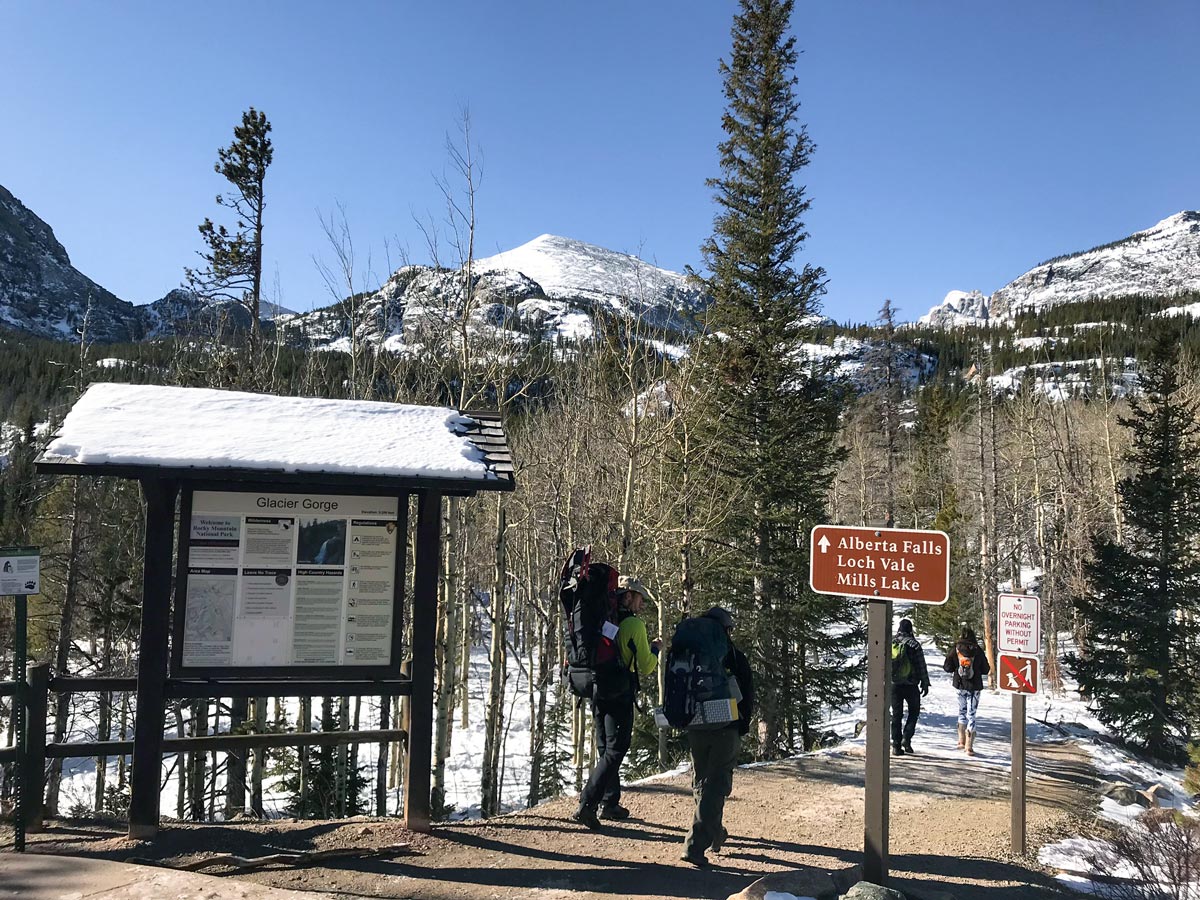 Trailhead of The Loch snowshoe trail in Rocky Mountain National Park, Colorado